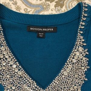 Boston Proper Blue Sweater with Rhinestone Details